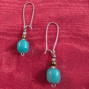 Long wire dangle earrings with turquoise or blue glass stone